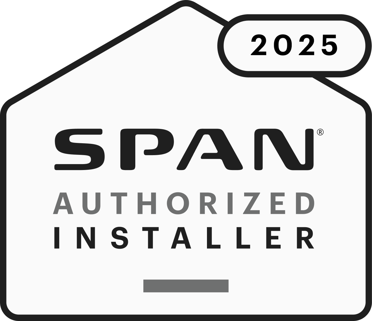 SPAN Authorized Installer 2025 badge in black and white, shaped like a house.