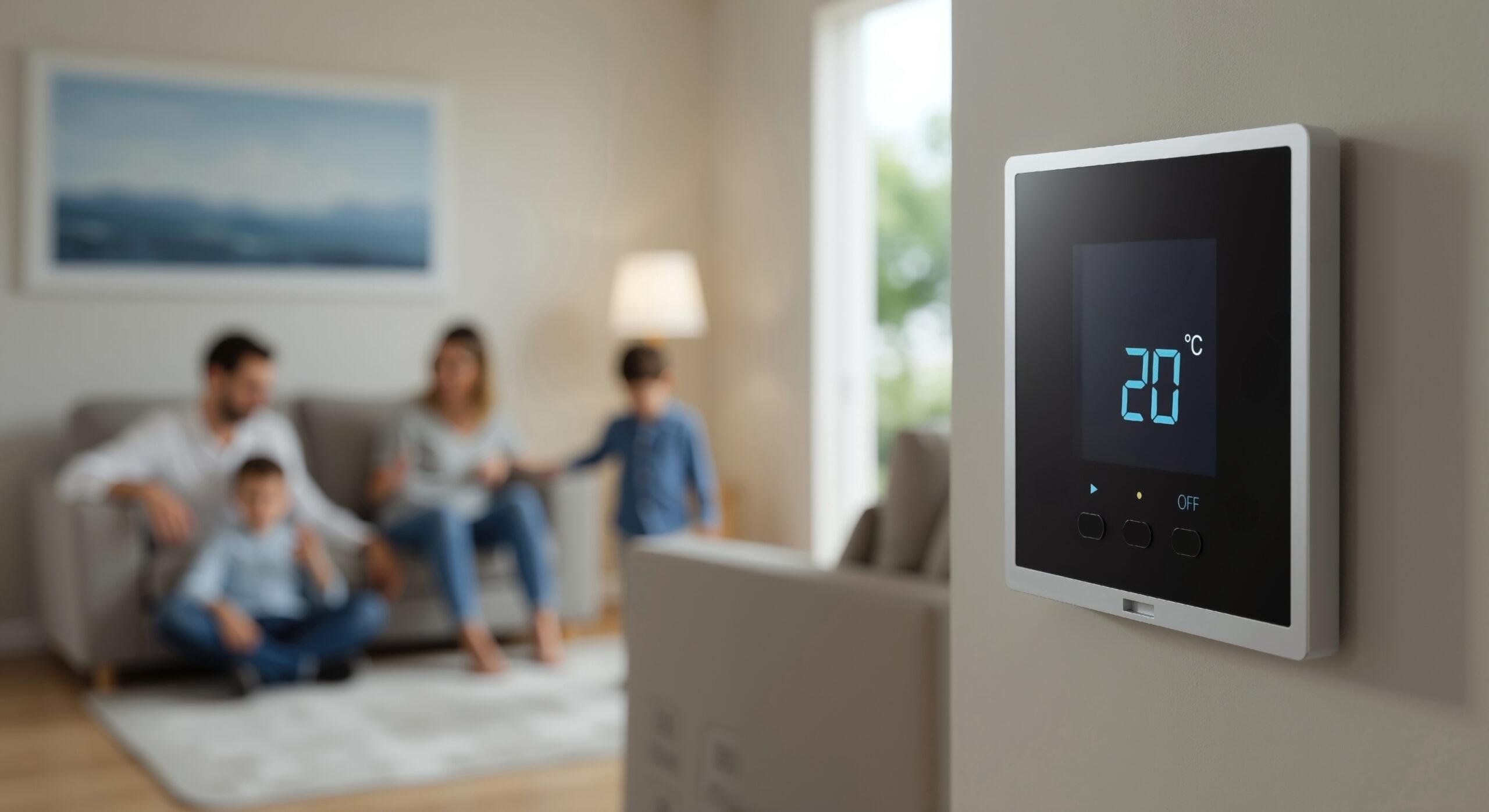 Smart thermostat with a family seated in the background