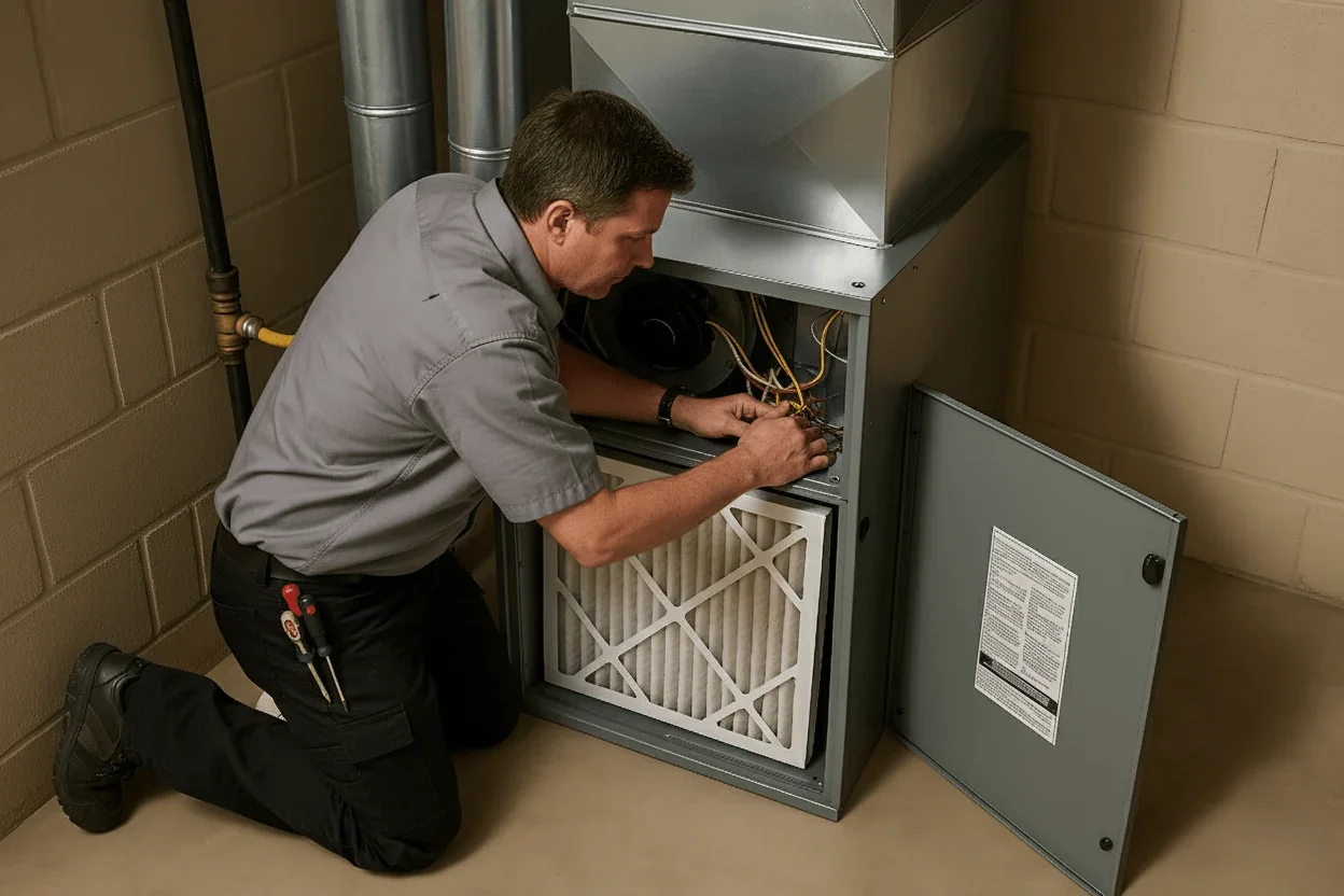 Technician inspecting a furnace with the access panel open