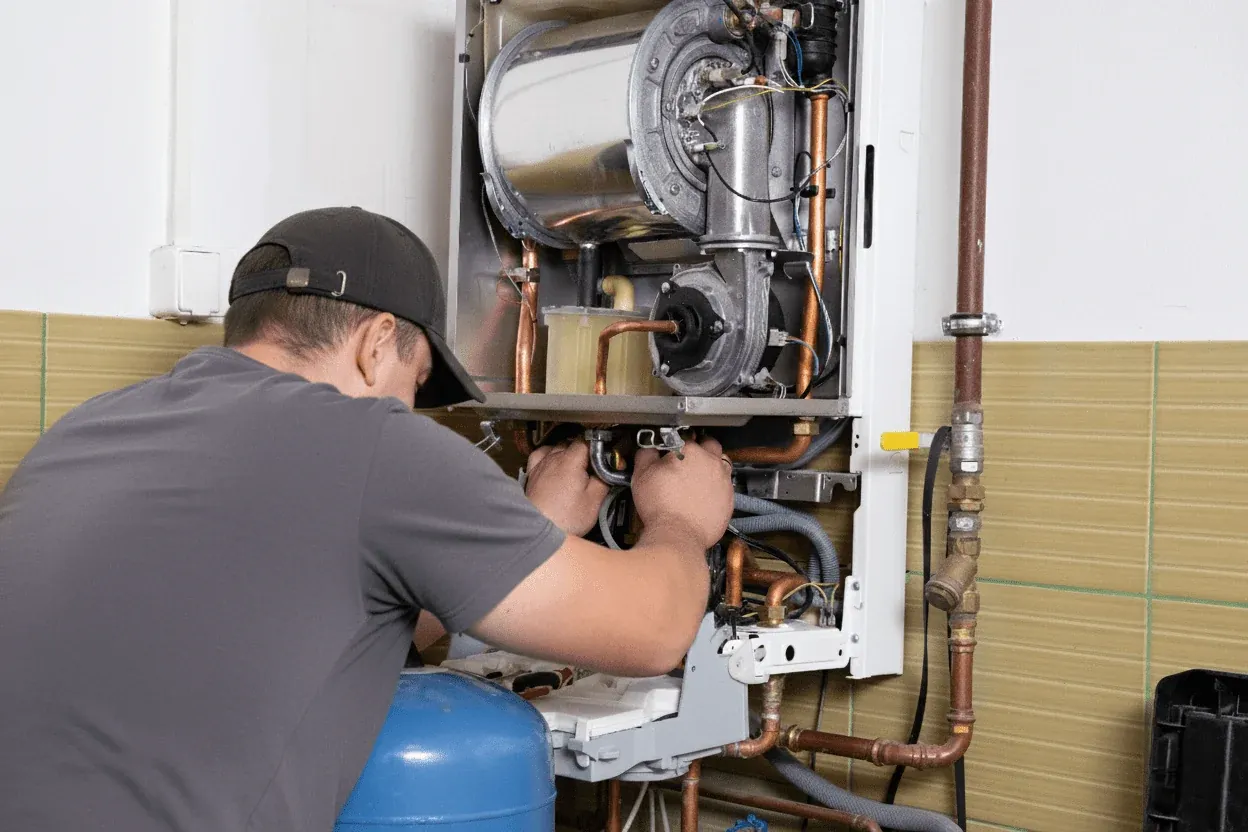 Technician working on the internal components of a furnace