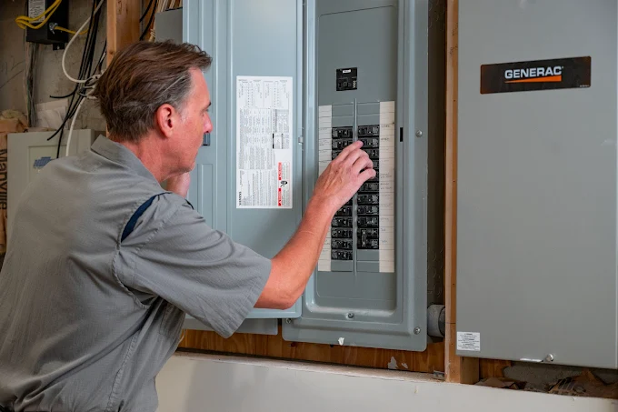 An electrician working on a circuit breaker