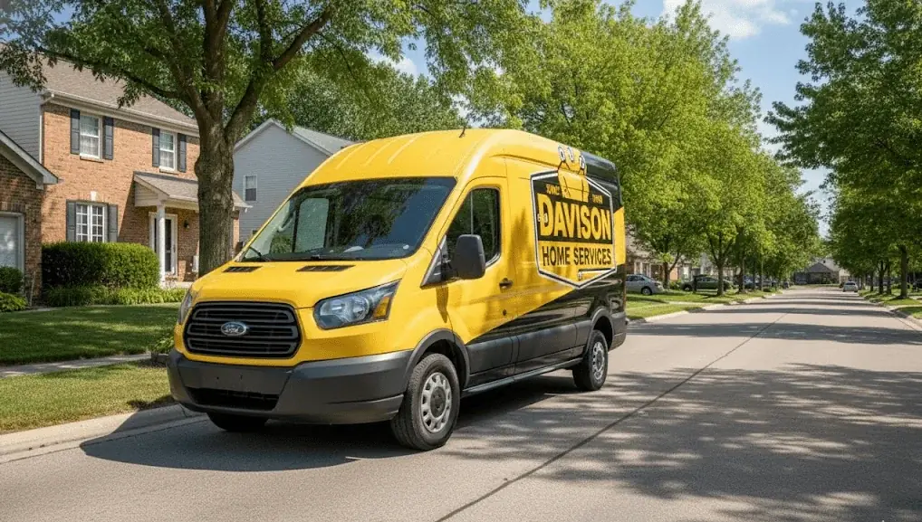 Yellow Davison Home Services van on a residential street