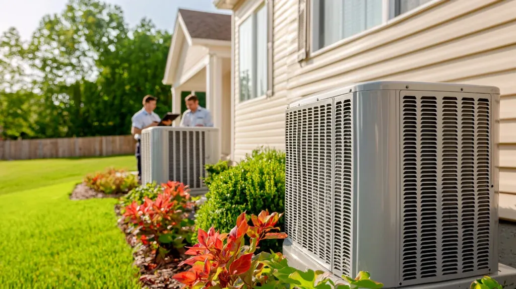 An HVAC tech talking to their partner with HVAC units in the foreground