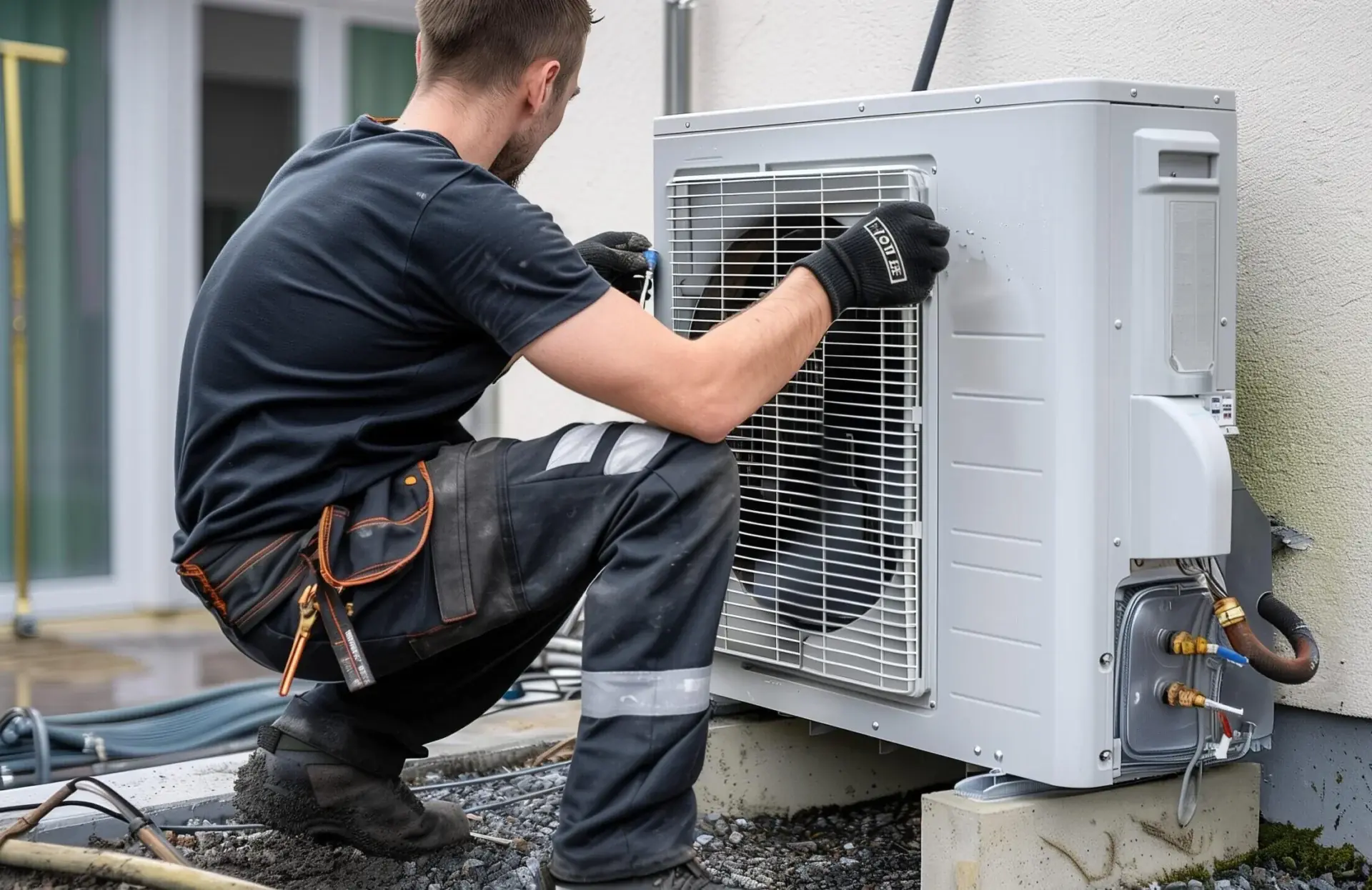 Technician servicing an outdoor heat pump