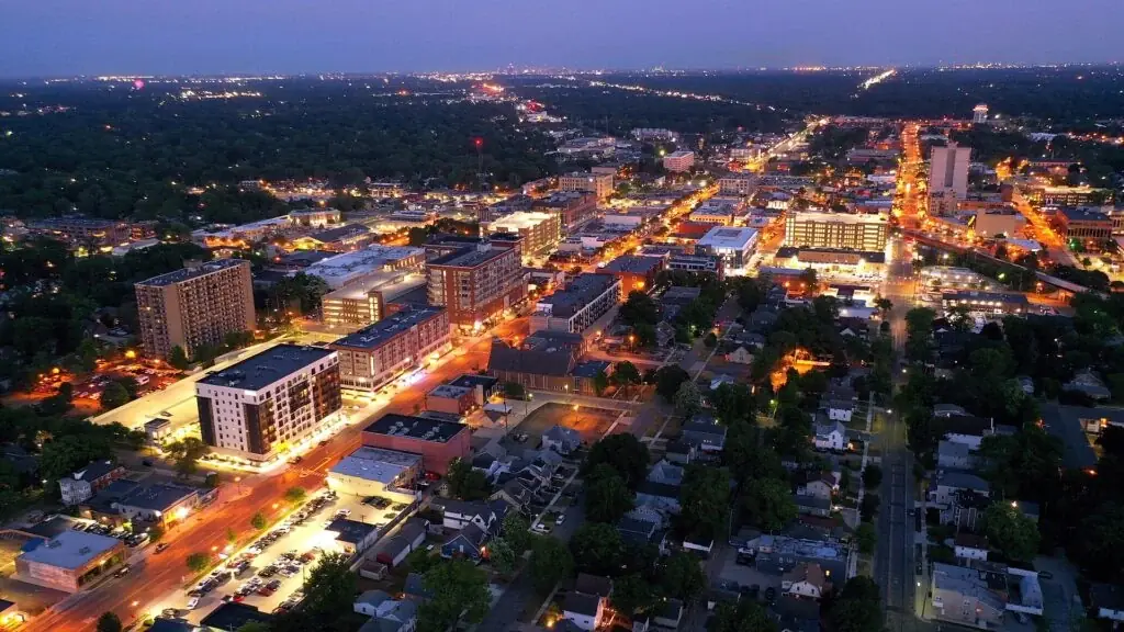 Aerial view of a downtown district at dusk