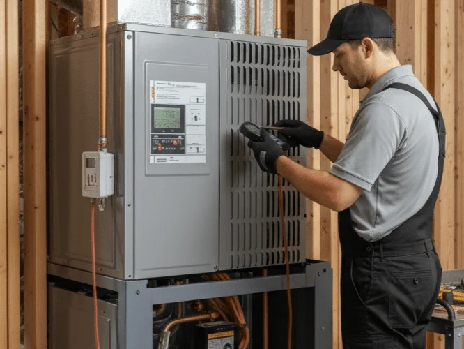 Technician inspecting a furnace in an unfinished utility area