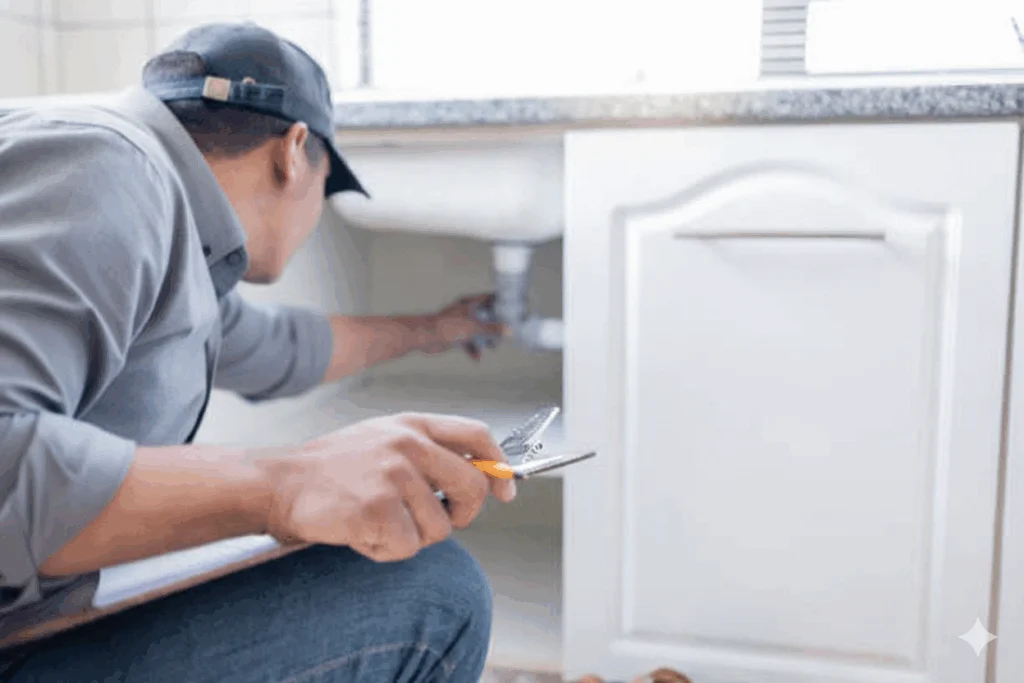 Plumber repairing pipework beneath a sink