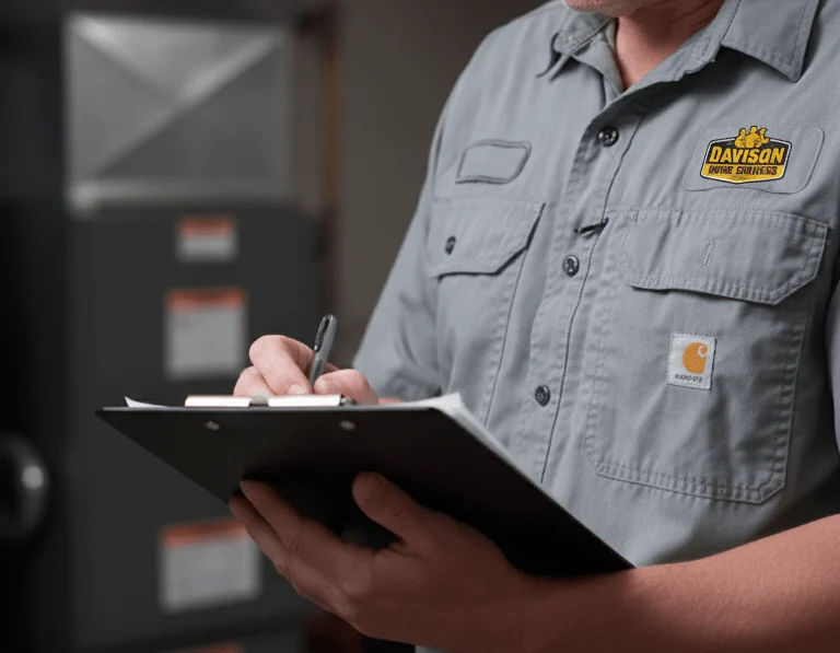 Davison Home Services technician taking notes on a clipboard