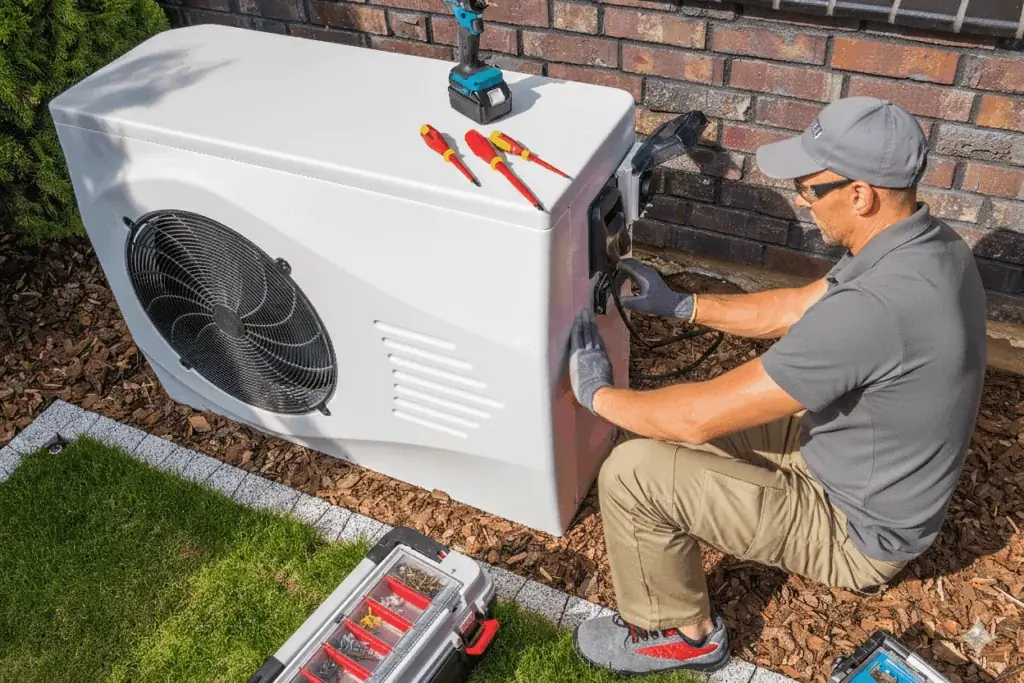 Technician servicing an outdoor standby generator