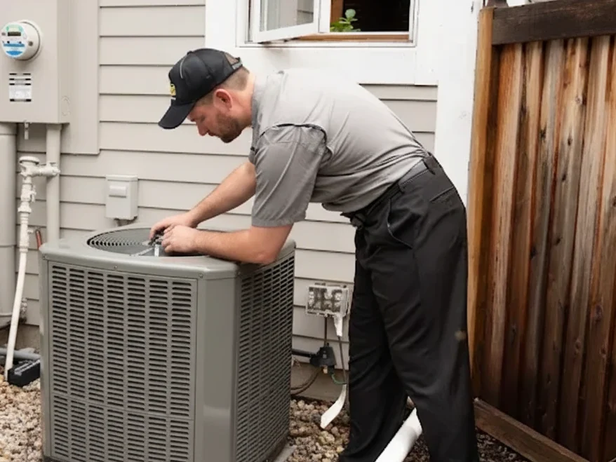 Technician servicing an outdoor air conditioning unit