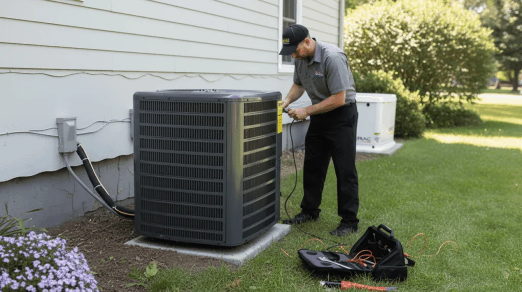 Technician checking an outdoor air conditioning unit