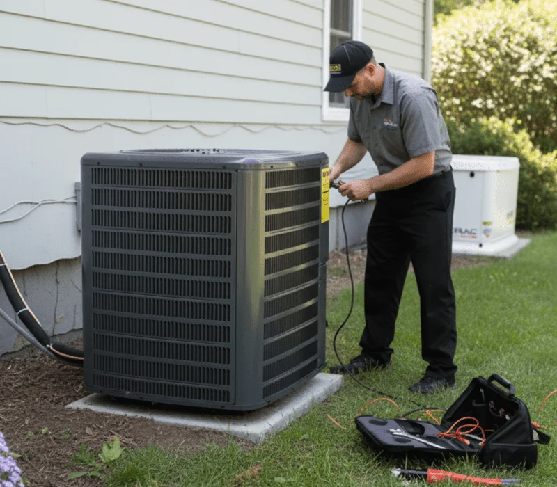Technician checking an outdoor air conditioning unit