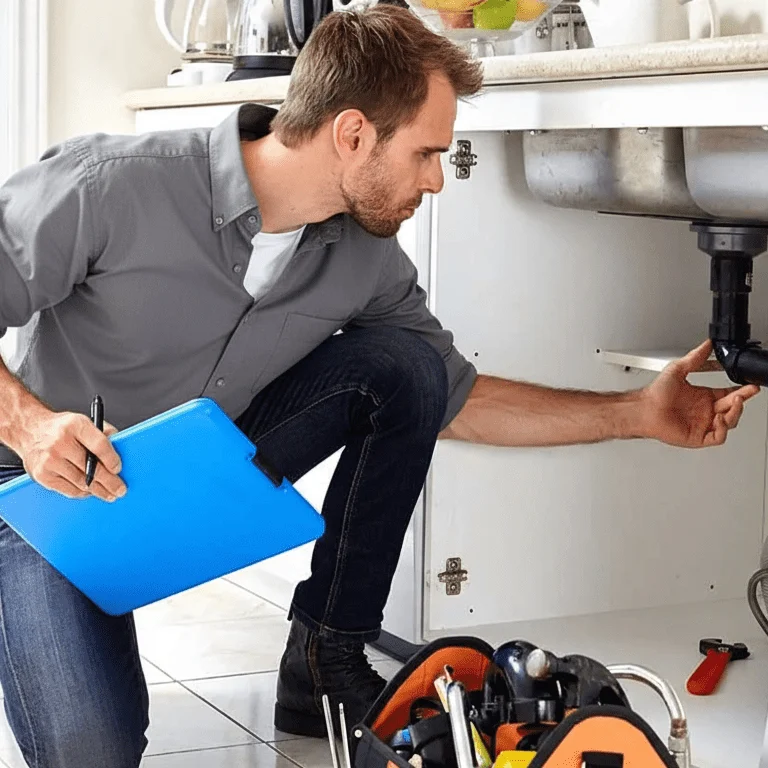 Technician inspecting a sink drain and recording findings