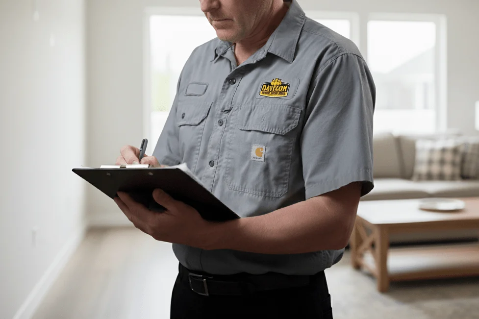Davison Home Services technician reviewing a service checklist