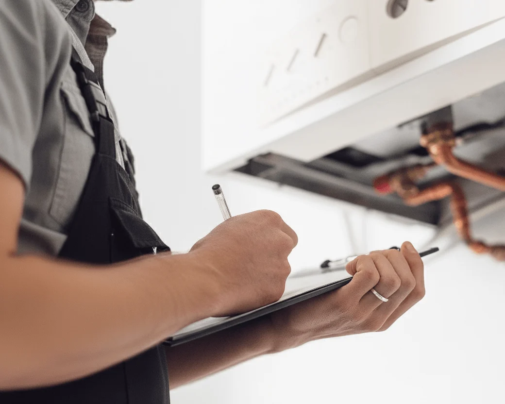 Technician recording findings during a heating system inspection