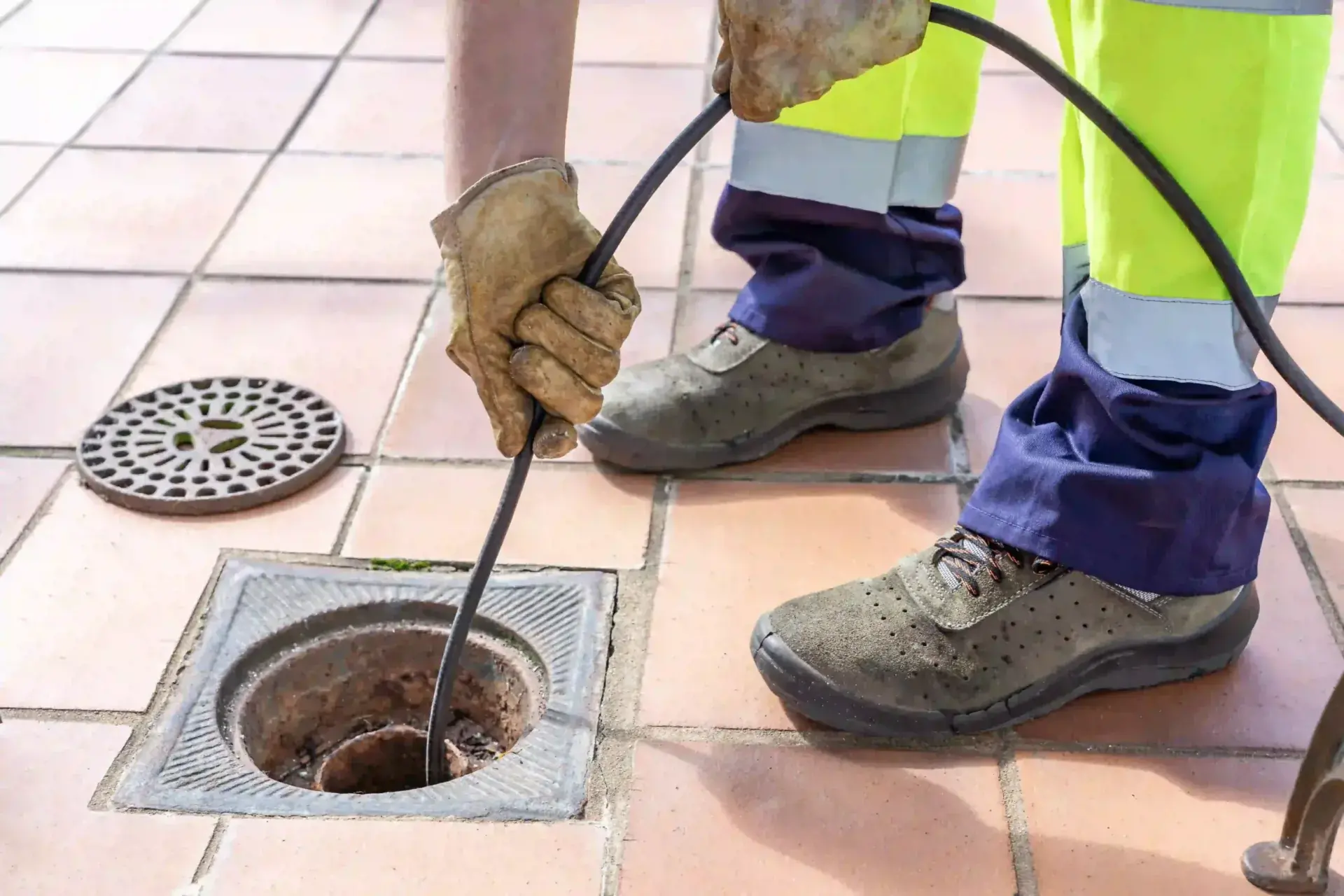 Worker clearing a floor drain with a hose