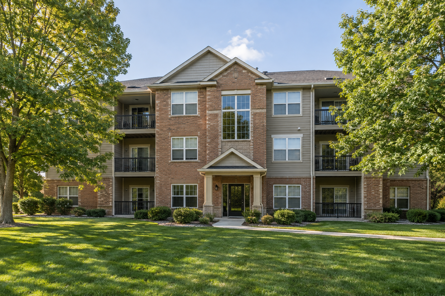 Three-story condominium building with brick exterior, balconies and landscaped grounds